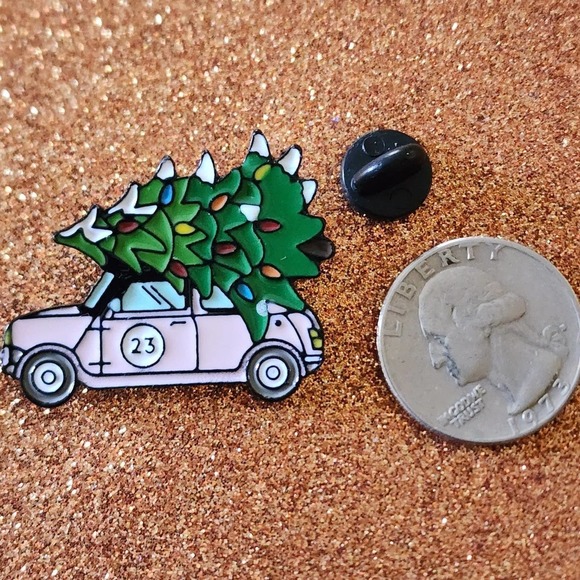 3/$20 Winter Holiday Pink Car With Christmas Tree on Roof Enamel Pin - Picture 2 of 2